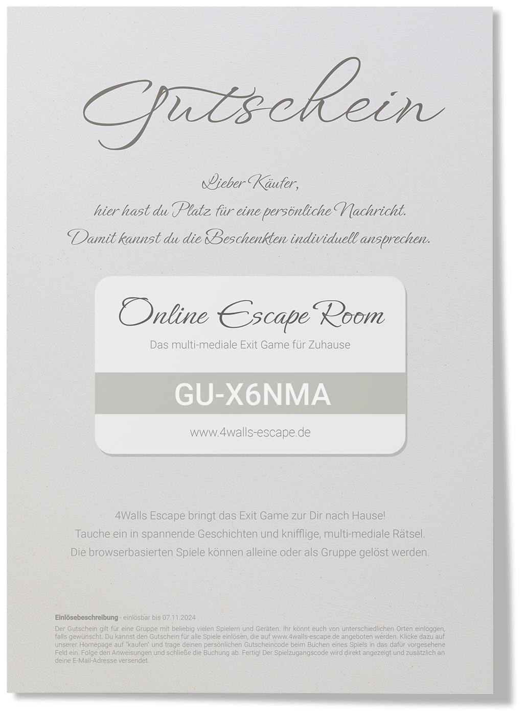 Online Escape Room Gift card